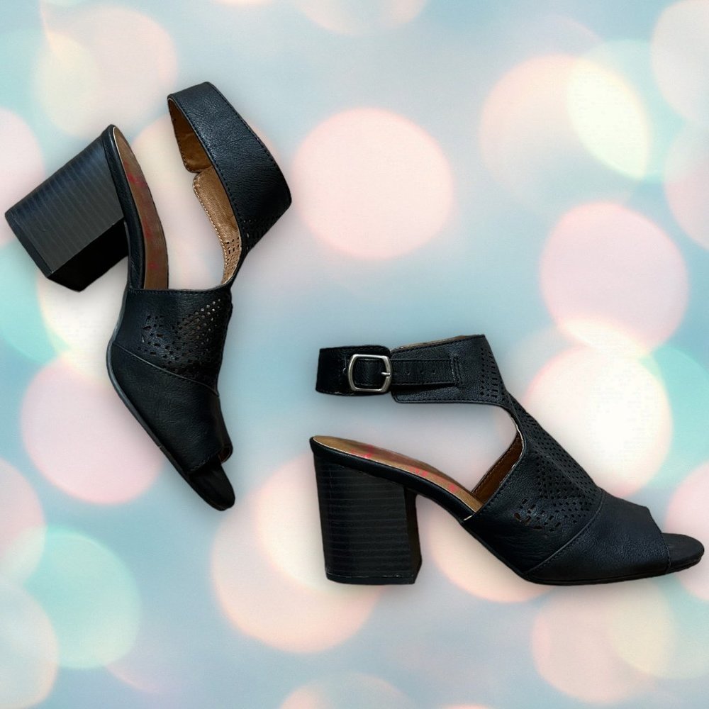 Jelly Pop Women’s Black Mesh Peep Toe Buckle Heels Shoes Size 6.5